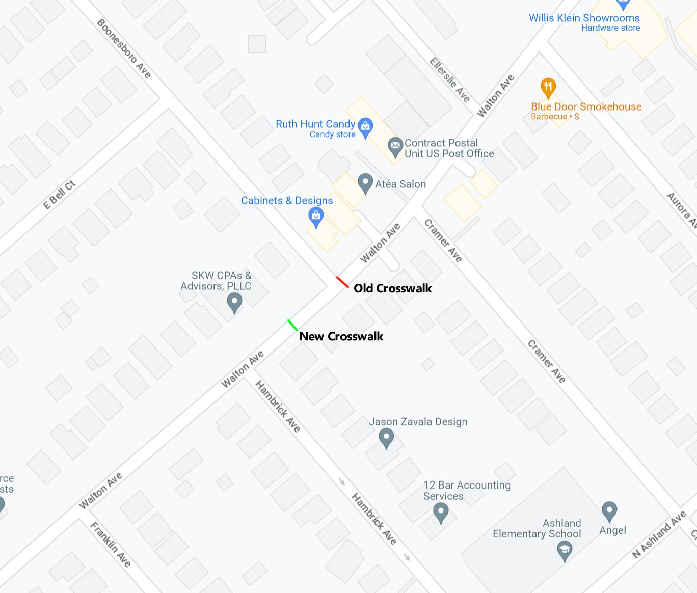 Map showing the new and old locations of the crosswalk